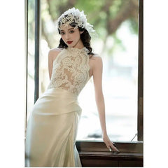 LIZAKOSHT - Flower Fairy French Satin Flower Princess Bridal Tail Wedding Dress Wedding Toast Dress Morning Robe