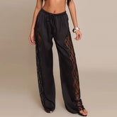 LIZAKOSHT - Sexy Satin Pants Women Loose Elastic Waist Lace Up Patchwork Lace See Through Trousers Female Spring Chic Solid Streetwears