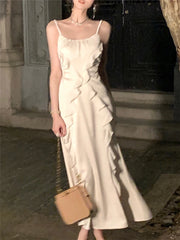 LIZAKOSHT - Midi Ruffles Dress Women Summer New Fashion Elegant Robe Evening Party Female Slim Vestidos Korean Dresses Vintage Clothes