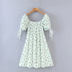 LIZAKOSHT - Women Robe Retro France Style Ruched Elastic Square Collar Bow Puff Sleeve Flower Print Mini Dress Lacing up Slim Waist A line