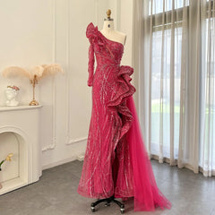 Fuchsia One Shoulder Luxury Dubai Evening Dresses Arabic Side Slit Mermaid Prom Formal Dress for Wedding