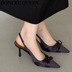 LIZAKOSHT - New Spring Women Thin Heels Slingback Sandals Elegant Pointed Toe Pumps Brand Designer Bow Knot Sandal For Party Dress Shoe