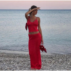 LIZAKOSHT - Sexy Glitter Knitted Slings Long Skirt Set Lady Casual Solid V-neck Tops Shiny Slim High Waist Skirts Sets Women Summer Beach