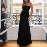 LIZAKOSHT - Strapless Patchwork A-line Long Dress Women Sleeveless Elastic Slim Fit Party Club Bodycon Elegant Simple Vestidos