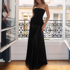 LIZAKOSHT - Strapless Patchwork A-line Long Dress Women Sleeveless Elastic Slim Fit Party Club Bodycon Elegant Simple Vestidos
