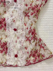 LIZAKOSHT - Summer Woman Floral Halter Lace Blouse 2025 Vintage Sexy Slim Fit Fairy Korean Fashion Female Tops Outfits Elegant Style