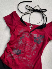 LIZAKOSHT - American Retro Red Fake Two-piece Letter Print Halter Neck T-shirt Women Fashion Street Hotties Harajuku Millennium Y2K Top