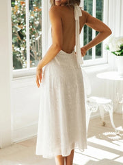 LIZAKOSHT - Hollow Out White Long Dress Women Neck-Mounted Backless Dress Female Sexy Sleeveless Lace Up Dress Ladies Summer Beach Dress