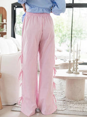 LIZAKOSHT - Women Wide-Leg Pants Plaid/Striped Side Tie-Up Pockets Elastic Waist Loose Trousers Spring Summer Casual Sweatpants Streetwear