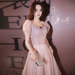 LIZAKOSHT - Shiny Pink Bridesmaid Dresses Sweetheart Puff Sleeve A-Line Pleated Formal Party Glitter Wedding Banquet Prom Evening Gowns