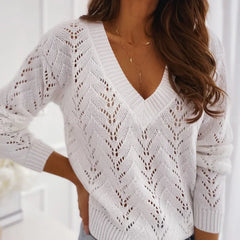 LIZAKOSHT - Women's Solid Color Hollow V-neck Knitted Sweater Pullover Top