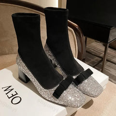 LIZAKOSHT - Fashion Shiny Women Mary Jane Socks Boots Designer Bowknot Slip-on Platform Ankle Boots 2025 New Autumn Thick High Heel Boots