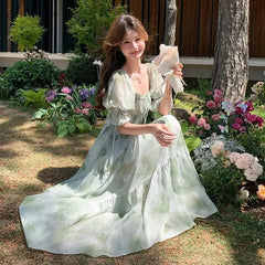 LIZAKOSHT  -  French Tender Style Square Collar Floral Print Dress for Women