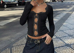 LIZAKOSHT - Pure Desire Style Lace Splicing Square Neck T-shirt for Women in Spring 2026, Fashionable Slim Fit Versatile Base Shirt