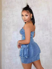 LIZAKOSHT - Summer Y2k Streetwear Denim Strapless Bodycon Mini Dress Midnight Clubwear For Woman 2024 Sexy Backless Zipper Short Dress