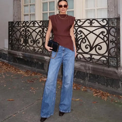 LIZAKOSHT - Fashion Sleeveless T-Shirt Women's Sexy Irregular Pleated Cropped Top 2025 Summer Woman Pullover Round Neck Vest T-Shirt