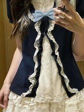 LIZAKOSHT - Japanese Sweet Preppy 2 Piece Set Women Navy Bow Cardigan + High Waist Lace Tiered Cake Mini Skirt Summer Casual Fashion Outfit