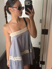LIZAKOSHT - Women Lace Trim Loose Mini Dress Sleeveless Square Neck Spaghetti Strap Casual Loose Vestidos Lady New Summer Dresses