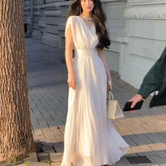 LIZAKOSHT - Dress High Quality V-Neck High Waist Sleeveless Summer New Elegant Party Pleats Long Dresses For Women 2024 Holiday Female Dress