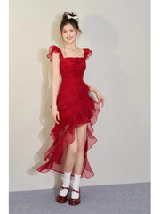 LIZAKOSHT - Vintage Sexy Ruffles Summer Dress for Women 2024 Elegant Fairy Dress Club Evening Party Dress Slash Neck Split Red Long Vestidos