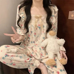 LIZAKOSHT - Coral Fleece Pajamas Sets for Women Plush Soft Warm Square Collar Lace Sweet 2 Piece Bow Tie Elegance Thickened Warm Homewear