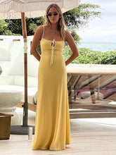 LIZAKOSHT - Knitted Sexy Backless Bandage Women Dress Yellow Spaghetti Strap Evening Dress Spring Slim Elegant Vacation Beachwear