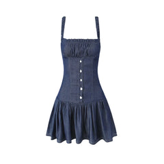 LIZAKOSHT  -  Women Smocked back  Button Christa Denim Mini Dress Blue Denim