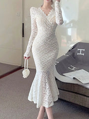 LIZAKOSHT - White Dress Women Elegant Fashion Long Dresses Female Evening Lace Long Sleeve Dress Ladies Party V Neck Bodycon Mermaid Robes