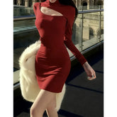 LIZAKOSHT - Korean Simple Style Red Flame Burgundy Deconstruction Hollow Backless Hip Dress 2026 Spring New