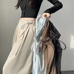 LIZAKOSHT - New Spring Summer Buttons High Waist Wide Leg Pants for Women High Waist Lace-up Straight Loose Full Length Trousers Female