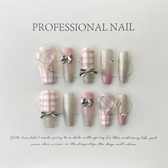 LIZAKOSHT - 10pcs Handmade Anime Fake Press On Nails Professional Full Cover Japanese Decorated Manicuree With Bow Tie Wearable Nail Art Tip