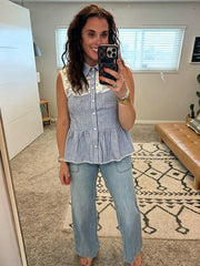 LIZAKOSHT - Lace Collar Sleeveless Peplum Blouse Collared Peplum Gingham Summer Chic Sweet Women Casual Preppy Casual Top