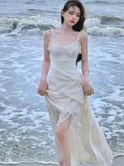 Lizakosht Elegant Irregular Ruffles Sleeveless Long Dress Women Summe Spaghetti Strap Vocation Beach Style Female Summer Vestidos Clothes