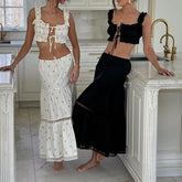 LIZAKOSHT - Vintage Frill Strap Front Tie Up Crop Tops + Maxi A-line Skirt Elegant Women Chic 2 Piece Set Fairy Y2K Matching Outfits