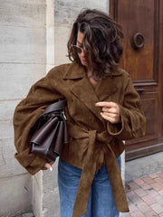 LIZAKOSHT - Vintage Suede Coats Women Aututmn Winter Turn-down Collar Brown Outerwears with Belt Office Lady Double Breasted Jackets