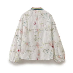 LIZAKOSHT - 2024 Women Floral Embroidery Boho Blouse Shirt Vintage Puff Sleeve Round Neck Female Holiday Summer Tops