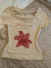 LIZAKOSHT - American Retro Floral Print T-shirt Y2k Hot Girl Short-sleeved T-shirt Aesthetic Clothes Fashion Trends Short Tops T Shirt Women