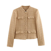 LIZAKOSHT - Vintage Women Elegant Tweed Golden Jacket Fashion Ladies Slim Single Breasted Jackets for Party Female Chic Outfits Cute