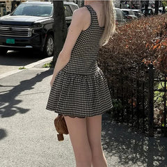 LIZAKOSHT  -  Women Plaid Printed Square Collar Sleeveless High Waisted Bow Patchwork Backless Simple Style Cute Sling Pleated Tank Dress