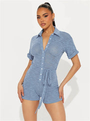 LIZAKOSHT - Summer Fashion Blue Polo Collar Short Sleeve Rompers Club Outfit For Women Single-Breasted Bandage Casual Romper