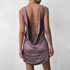 LIZAKOSHT - Sexy V-neck Sleeveless Short Skirt with Hot Backless Lace-up Hip-pack Dress