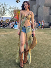 LIZAKOSHT  -  Summer Vintage Print Halter Backless Long Dress Beach Outfit Women 2024 See Through Hollow Out Waistlesst Party Vestidos