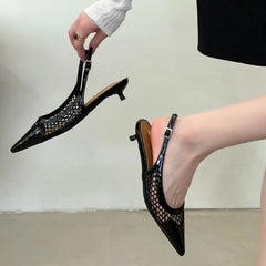 LIZAKOSHT  -  Mesh Low Heeled Sandals Sexy Pointed Toe Elegant Mule Shoes Summer Fashion Party Dress Shoes Pumps for Ladies  Designer Sandals