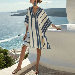 LIZAKOSHT - Summer Loose Batwing Sleeve Boho Dress Vestidos Casual Retro Ethnic Beach Style Dress Elegant Striped Print V Neck Holiday Dress