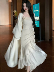 LIZAKOSHT  -  Elegant Spaghetti Strap Ruffles Mermaid Dress Long Sleeve Knitted Long Coat Korean Fashion Evening Party Clothing Autumn Winter