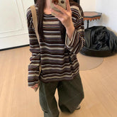 LIZAKOSHT - Loose Long Sleeve round Neck Striped T-Shirt Women's Spring Autumn New Design Casual American Base Shirt Top Comfortable