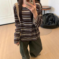 LIZAKOSHT - Loose Long Sleeve round Neck Striped T-Shirt Women's Spring Autumn New Design Casual American Base Shirt Top Comfortable