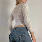 LIZAKOSHT - Y2K Aesthetic Lace Trim Kawaii Crop Tops Fairycore Floral Print T-Shirts Spring Long Sleeve Slim Fit Tops Tees 00s Retro Clothes