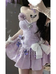 LIZAKOSHT - Japan Girl Cute High-End Dress With Skirt Clothes Flower Decoration Violet Romantic Dress New