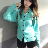 LIZAKOSHT - Chic Button Knit Cardigan Women Long Sleeve Sweet Casual Preppy Korean Sweater Female Harajuku Loose Lazy Wind Student Outwear